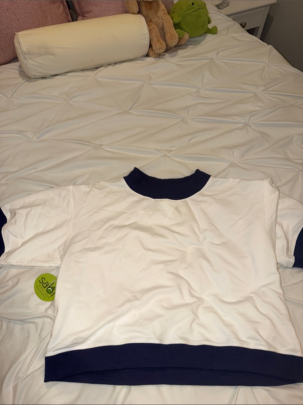 White Short-Sleeve Top with Navy Trim
